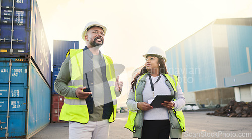 Image of Logistics container, engineer black people manager and supply chain management at a shipping, cargo or freight warehouse. Business industry worker and export, distribution or storage digital software