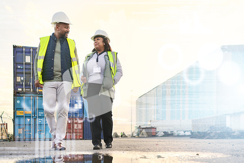 Image of Shipping, logistics and supply chain with a man and woman courier walking in a container yard for distribution. Cargo, freight and delivery with a team at work in the export industry with overlay