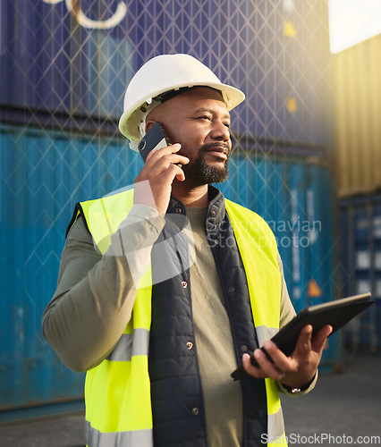 Image of Logistics manager, phone call and tablet for shipping stock, supply chain container management or industrial cargo delivery. Black man, warehouse worker and employee on 5g technology in manufacturing