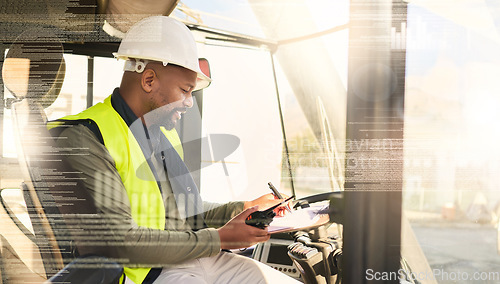 Image of Supply chain, shipping and logistics with a man courier in a vehicle writing on documents and working in the export industry. Stock, transport and futuristic with a male distribution worker in a van