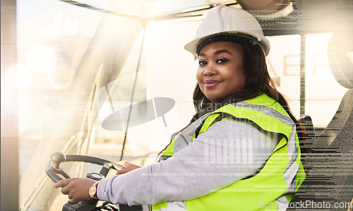 Image of Forklift driver, black woman and logistics worker in industrial shipping yard, manufacturing industry and transport trade. Portrait of cargo female driving a vehicle showing gender equality at work