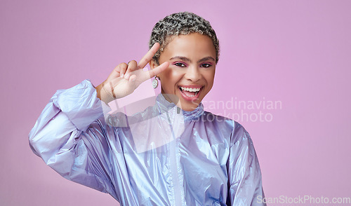 Image of Fashion, peace hand sign and black woman in retro clothes on studio pink background and mock up. Happy gen z girl portrait with v icon and beauty youth makeup cosmetics or lifestyle mock up marketing
