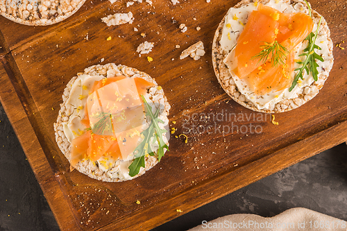 Image of Smoked salmon on rice bread toasts