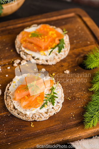 Image of Smoked salmon on rice bread toasts