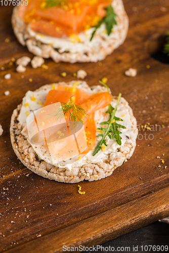 Image of Smoked salmon on rice bread toasts