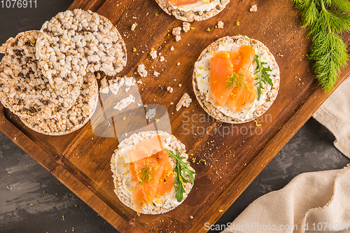 Image of Smoked salmon on rice bread toasts