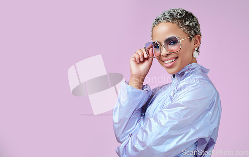 Image of Fashion, sunglasses and black woman in vaporwave jacket on pink background in studio mock up space advertising and marketing. Gen z girl or young model with retro or vintage style portrait mockup