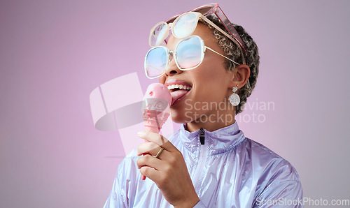 Image of Fashion, ice cream and black woman with sunglasses for futuristic vaporwave style with holographic clothing and dessert against purple mockup background. Happy female model looking cool and trendy