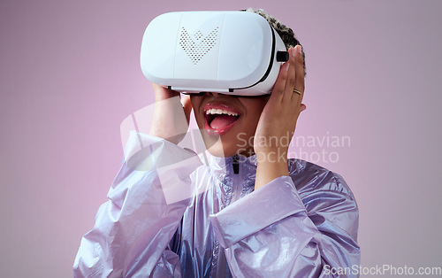 Image of VR, 3d gaming and woman with surprise for futuristic digital game against pink mockup studio background. Metaverse tech, future and virtual reality for girl gamer with wow face at creative innovation