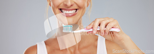 Image of Dental, health and woman use toothbrush and toothpaste to clean teeth for healthy mouth, gums and happy. Confident, lady and girl relax shows oral hygiene with big smile, cleaning and brushing teeth.