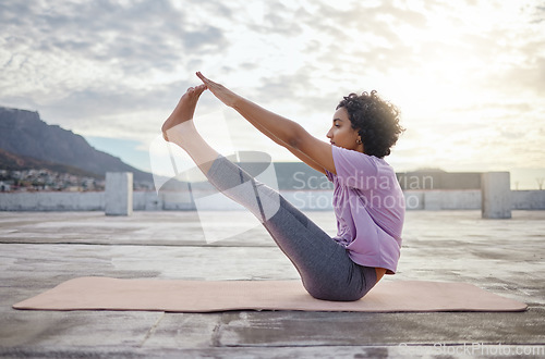 Image of Woman does yoga stretching, meditation breathing and fitness exercise on floor outside for healthy body wellness. Zen exercises for spiritual wellbeing, balance in life and improve sport performance