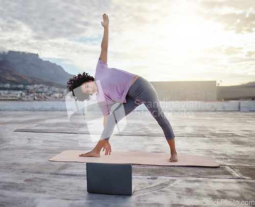 Image of Yoga, balance and online tutorial with black woman fitness or exercise workout outdoor remote. Healthy young girl, active and relax or balancing peace of mind training, motivation and meditation