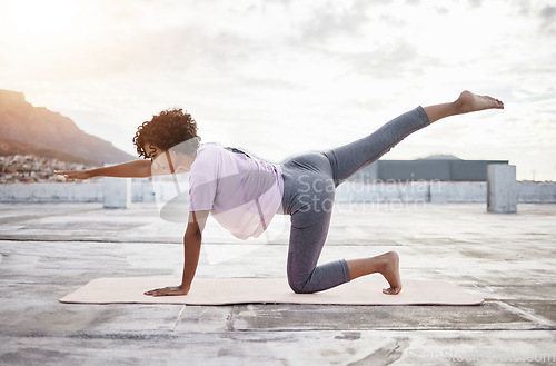 Image of Stretching, balance and yoga woman outdoor mockup and training for wellness, body health and fitness lifestyle. Workout, exercise and sports person with pilates training in the city