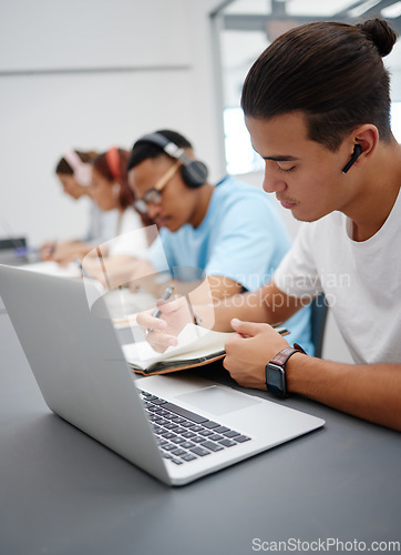 Image of Music, laptop and university student studying for exam with technology for online course information, research class. College people with headphones for elearning translation audio and writing notes