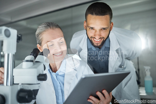 Image of Laboratory collaboration, microscope or tablet in science data analysis, medical innovation help or healthcare research for mature woman or man. Smile, happy or dna scientist teamwork with technology