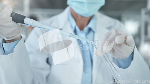 Image of Covid lab, science research and scientist working on a medical solution to a virus with a chemical at work. Pharmaceutical doctor doing chemistry analysis for development of medicine at a clinic