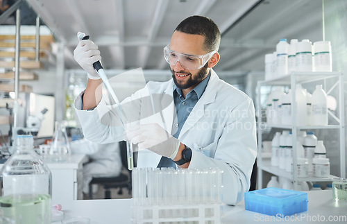Image of Scientist using test tube in lab for science, research and medicine. Portrait of man doing test in biotechnology, medical research and analytics in laboratory, testing a sample in healthcare clinic