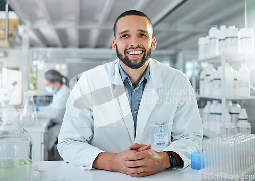 Image of Research, science and innovation scientist portrait for trust, healthcare, pharmaceutical or medical drugs test laboratory. Young, professional biotechnology expert experience in medicine or vaccine