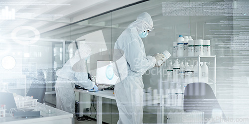Image of Lab work, covid security and scientist working to find a medical development on the internet with chemical at work. Healthcare workers doing research for futuristic innovation of science with uniform