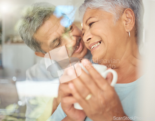 Image of Love, coffee and relax with elderly couple bonding looking out a window together, content and cheerful in their home. Happy family, retirement and romance with mature man and woman enjoy retired life