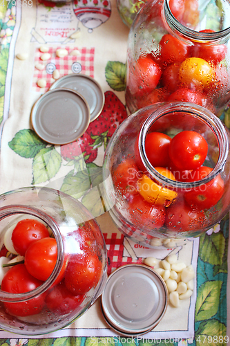 Image of tomatos in jars prepared for preservation