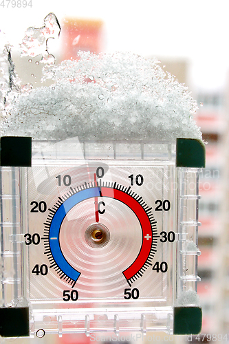 Image of thermometer with layer of snow showing two degrees