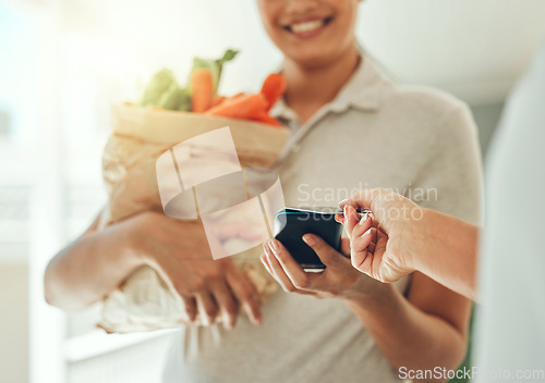 Image of Credit card, courier home delivery and payment for vegetables, paper bag logistics and groceries. Customer hands giving point of sale shopping on rfid machine, scan and tap for digital fintech money