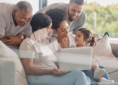 Image of Happy, laptop and big family streaming a movie, relaxing and bonding together on the weekend at home. Child, grandparents and mother with father watching movies on online entertainment subscription