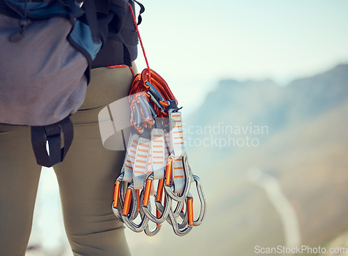 Image of Hiking, climb and cables of gear for mountain adventure, equipment and backpacking in nature. Hiker or climber in sportswear for rock climbing, harness and backpack for hike safety in sports exercise