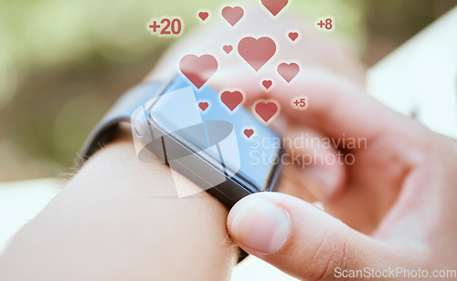 Image of Hands, fitness smartwatch or heart abstract on health digital tracker for wellness training time, workout exercise or 3D data. Zoom, hands and sports personal trainer with futuristic clock technology