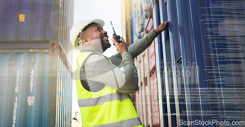 Image of Shipping, container and logistics manager with a radio talking, communication and conversation. Black man working on stock export of cargo delivery, transport and supply chain industry at the port