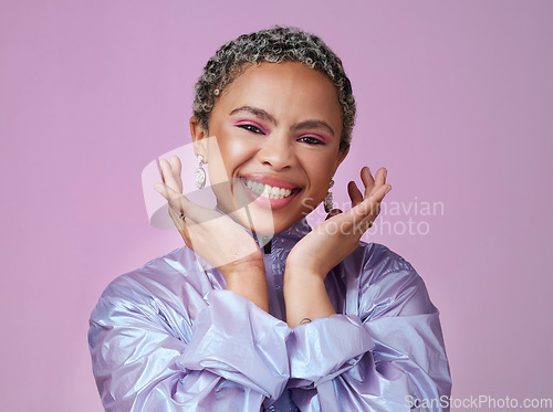 Image of Black woman, happy portrait and neon fashion, unique makeup and retro style on pink studio background. Smile, bold colorful and young gen z beauty influencer, model and happiness in cyberpunk style