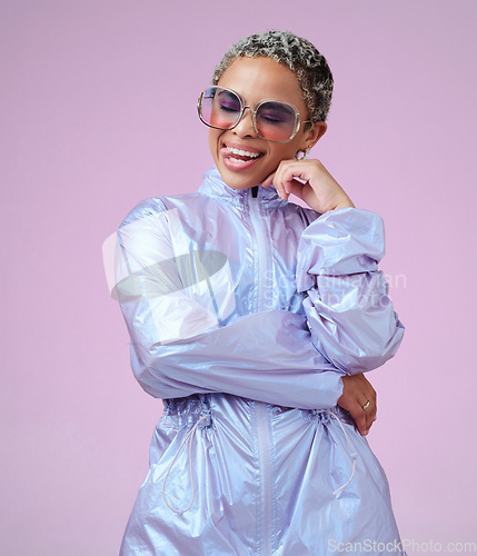 Image of Future fashion, bright color and a black woman happy with tongue out and pink background. Creative crazy African influencer, futuristic style and girl in bright cyberpunk space energy party costume.