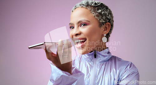 Image of Black woman, phone call or voice message on purple studio background in fashion, cool hairstyle or trend clothes. Happy smile, networking model or mobile technology for Nigerian clothing brand ideas