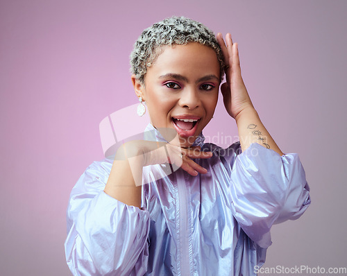 Image of Retro fashion, black woman and happy portrait, unique makeup and neon style on pink studio background. Funky, bold and colorful young gen z girl, influencer and model with techno cyberpunk attitude