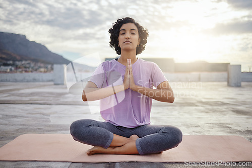 Image of Woman meditation, yoga outdoor and pray namaste for peace, zen and mindset of training, workout and exercise. Calm, relax and focus fitness female for breathe healthy energy, balance and wellness