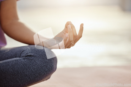 Image of Woman, hands and meditation mudra for mental health wellness, chakra energy and mindset training on mockup space. Zoom, relax yoga and pilates person in zen, peace or calm holistic exercise in studio