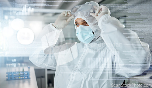 Image of Covid lab, medical science and scientist working on research for medicine innovation at work. Chemistry doctor with uniform for safety from virus and chemical during test and analysis at a hospital