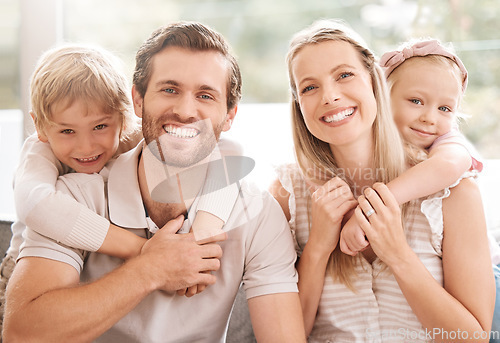 Image of Happy family, father and mother portrait with children relaxing, hugging and enjoying fun quality time at home. Smile, mom and dad love bonding with young kids or boy and girl siblings affection