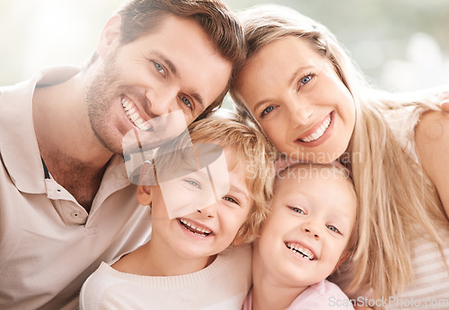 Image of Happy family in a portrait together for summer, outdoor wellness and holiday with mother, father and children. Love, care and smile face of people or kids with mom, dad or parents with sunshine bokeh