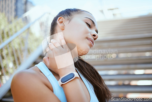 Image of Woman, neck pain or injury in city fitness, workout or training for health, wellness or marathon exercise in Mexico. Zoom, hand or face of runner in pain from sports burnout, stress or anatomy crisis