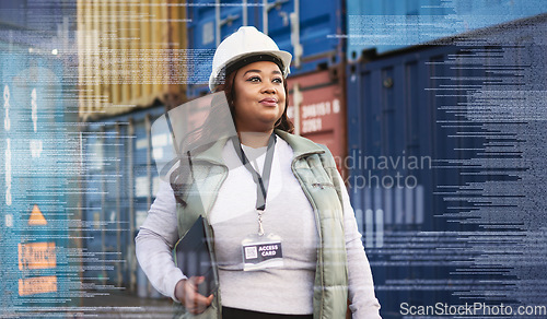 Image of Logistics, overlay and black woman in leadership at a shipping supply chain for containers inspection at a port. Proud African female manager working with cargo or stock for worldwide distribution