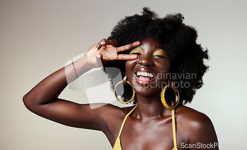 Image of Beauty peace sign, black woman with gold makeup on healthy skin and jewelry in mockup studio background. Portrait of happy model with afro, creative cosmetic designer backdrop and female empowerment