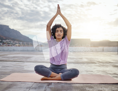 Image of Yoga meditation, focus and woman praying for wellness, gratitude and spiritual health in the city of Peru. Girl training her mind for peace with zen exercise and outdoor workout for mental health