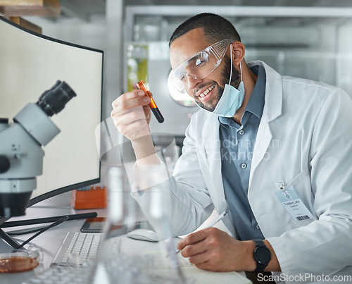 Image of Blood, covid and doctor with vaccine in a science laboratory happy with his innovation, dna and rna medical research. Smile, success and scientist working with chemistry proud of a breakthrough cure