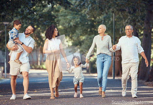 Image of Family, happy and street walk together for health, fun and smile in New Orleans. Parents, children and grandparents walking together show love, bonding and happiness on holiday, trip or vacation