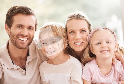 Image of Family smile, home relax and parents with love for children in their house together. Face portrait of girl and boy sibling kids, mother and father with smile for calm, peace and happiness in Norway