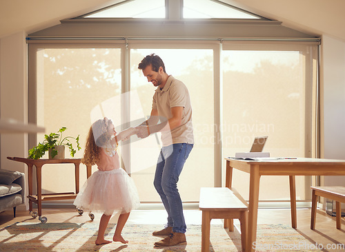 Image of Family, dance and man with girl for ballet together in living room for event, creative or happy by window. Love, freedom and wellness with child learning with dad at home for princess, music or youth