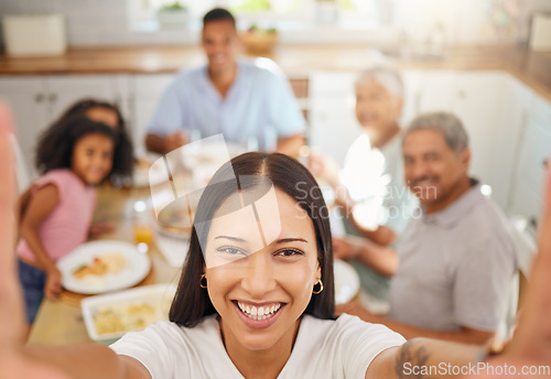 Image of Lunch, Mexico family selfie and food in kitchen dining room table for summer reunion or quality time together. Puerto Rico mother, grandparents and children portrait photo for lunch memory