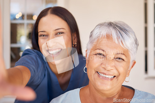 Image of Healthcare, doctor and selfie portrait with elderly patient in living room, bonding during checkup at assisted living facility. Trust, senior care and nursing by friendly caretaker relax together